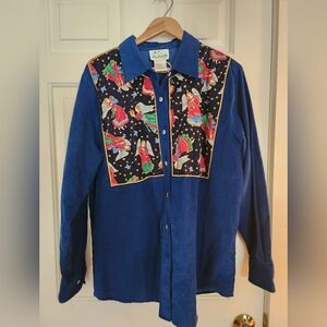 Vintage Quacker Factory Corduroy Button Christmas Angel Shirt Large Cottage Blue
